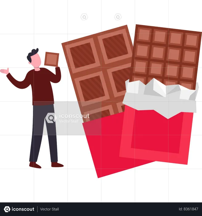 Boy is eating bars of chocolate  Illustration