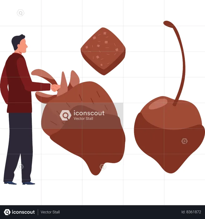 Boy is eating fruit with chocolate sauce  Illustration