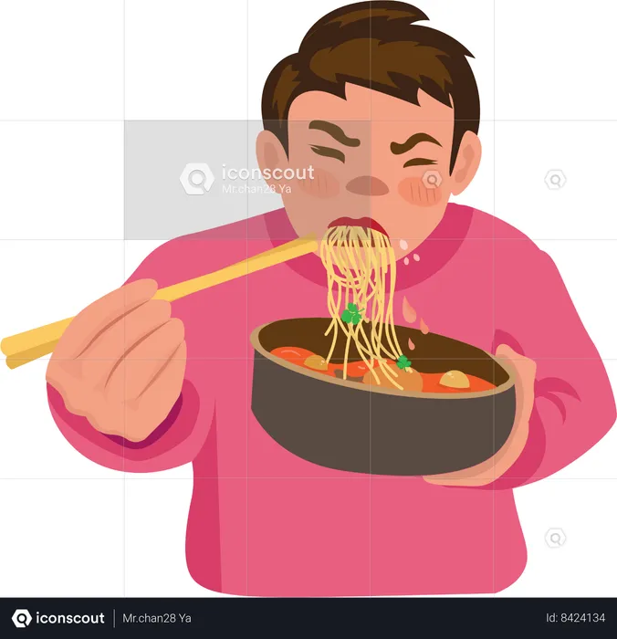 Boy is eating noodles  Illustration