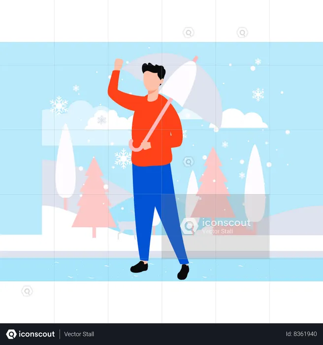 Boy is enjoying in snow with an umbrella  Illustration