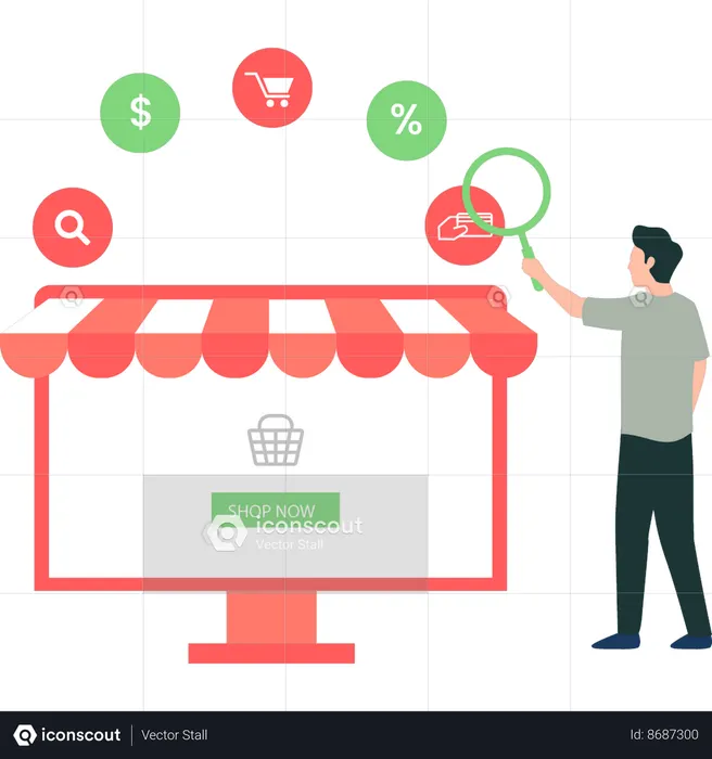 Boy is exploring different aspects of online shopping  Illustration