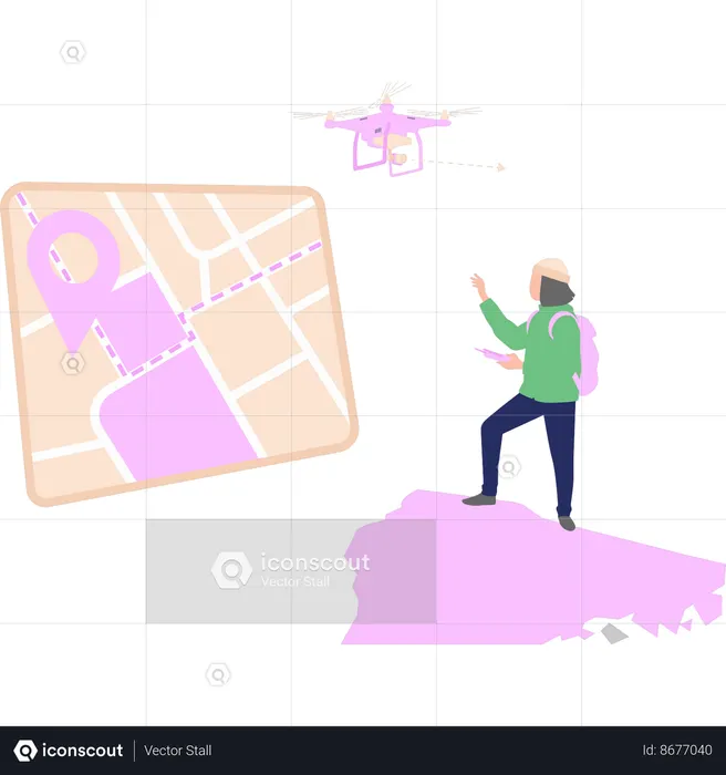 Boy is finding location through drone camera  Illustration