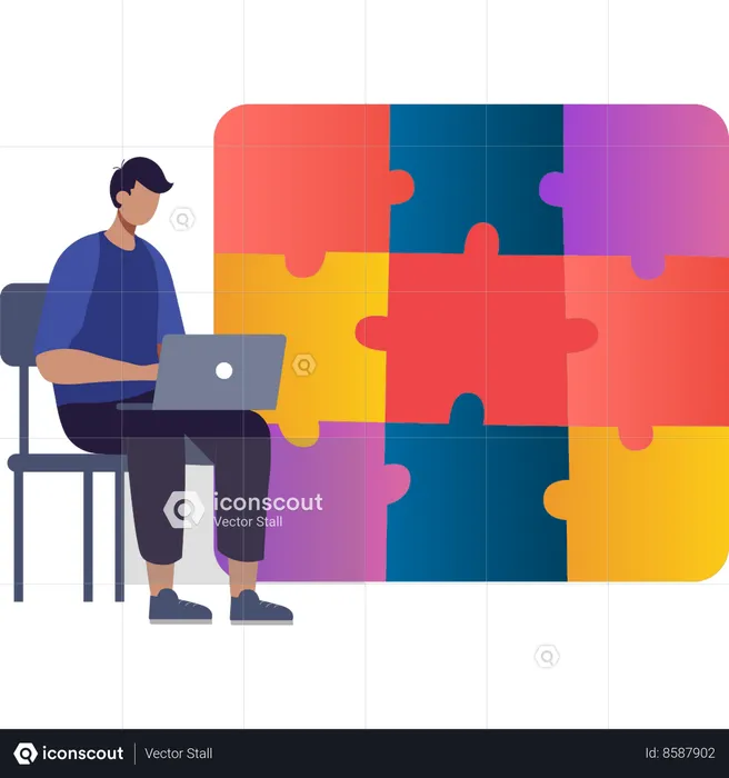 Boy is finding solutions on laptop  Illustration