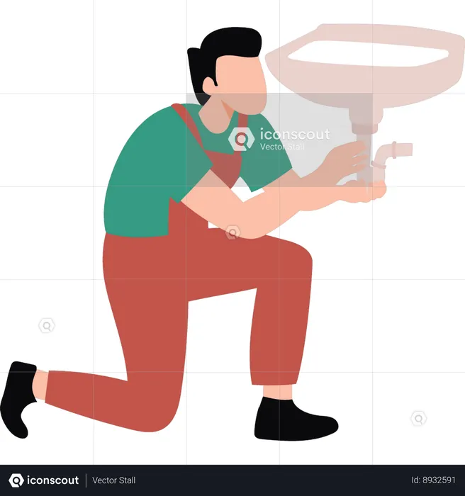 Boy is fixing the basin pipe  Illustration