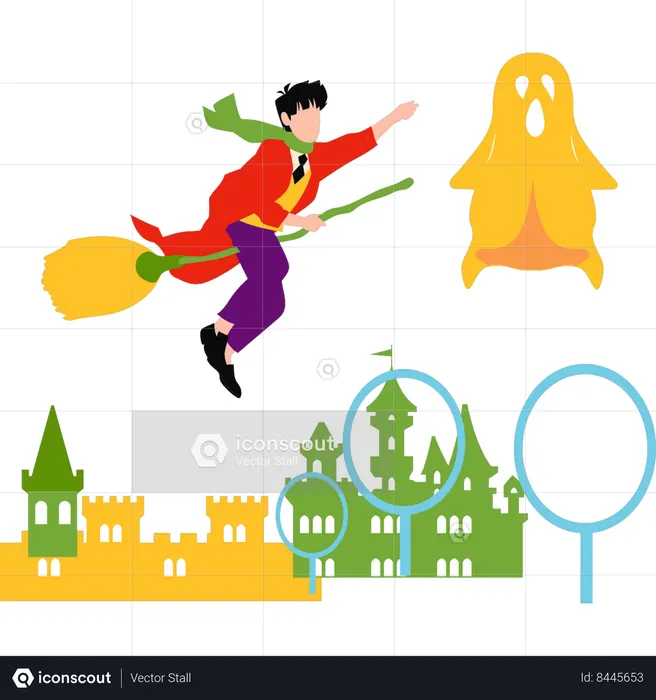 Boy is flying on a witch's broom  Illustration