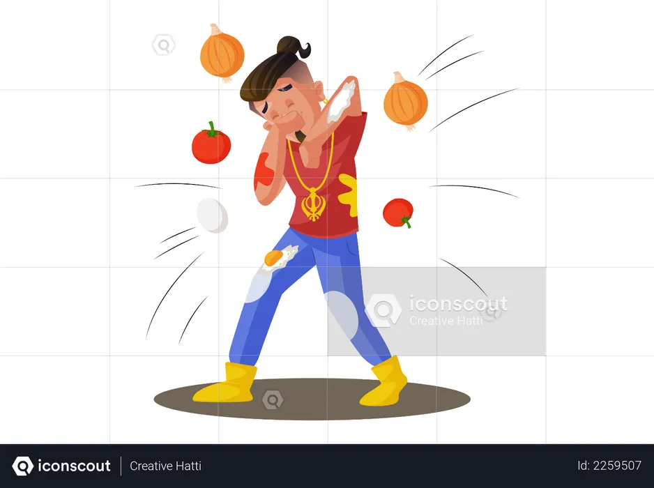Boy is giving a bad performance on stage and people throwing vegetables on the boy  Illustration