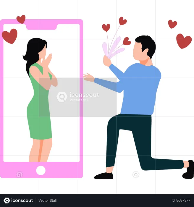 Boy is giving flowers to a girl online  Illustration