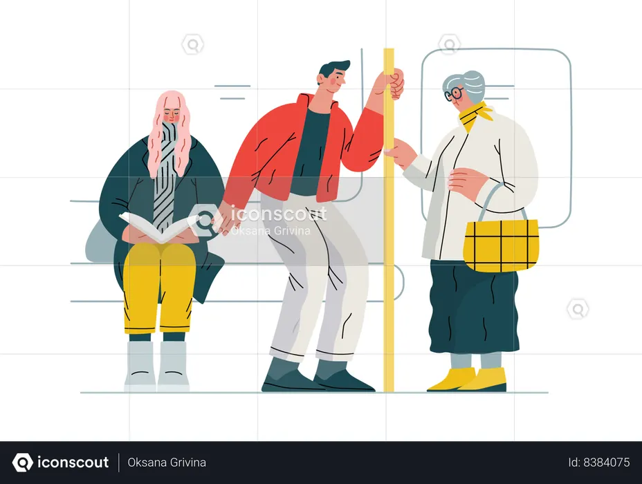 Boy is giving his seat to old lady in bus  Illustration