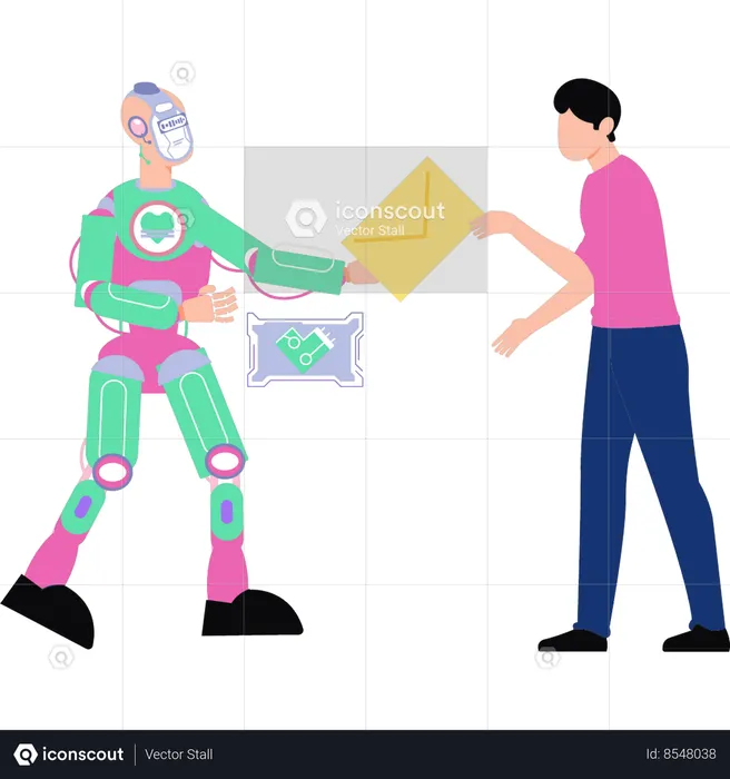 Boy is giving mail to robot  Illustration
