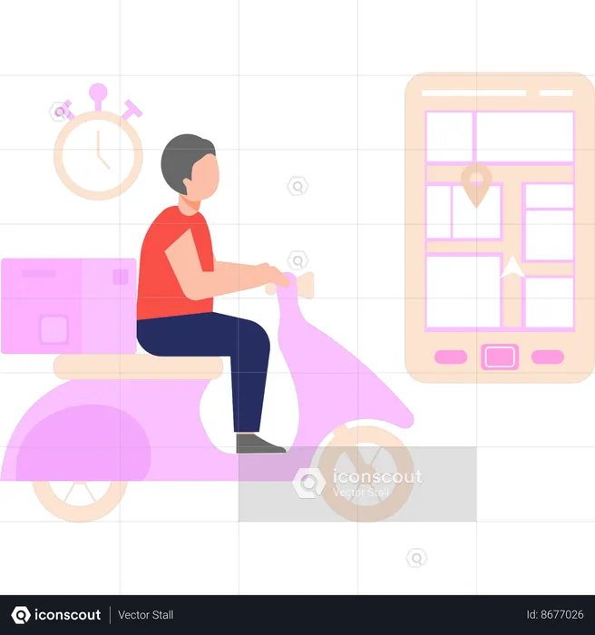 Boy is going to deliver a parcel on a scooter  Illustration