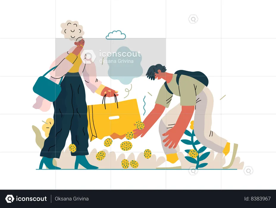 Boy is helping girl in picking up her muffins from ground  Illustration