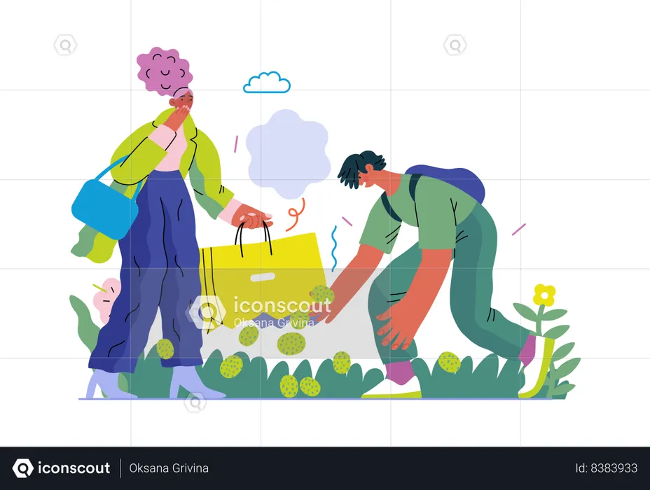 Boy is helping girl in picking up her muffins from ground  Illustration