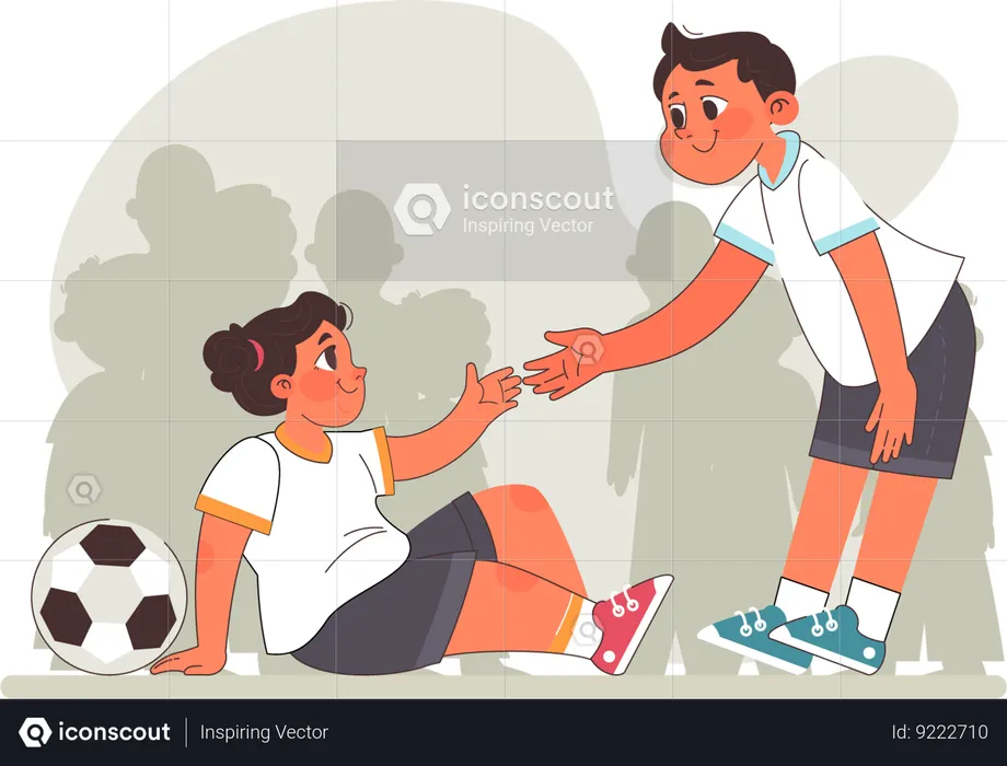 Boy is helping girl who falls down on ground while playing match  Illustration