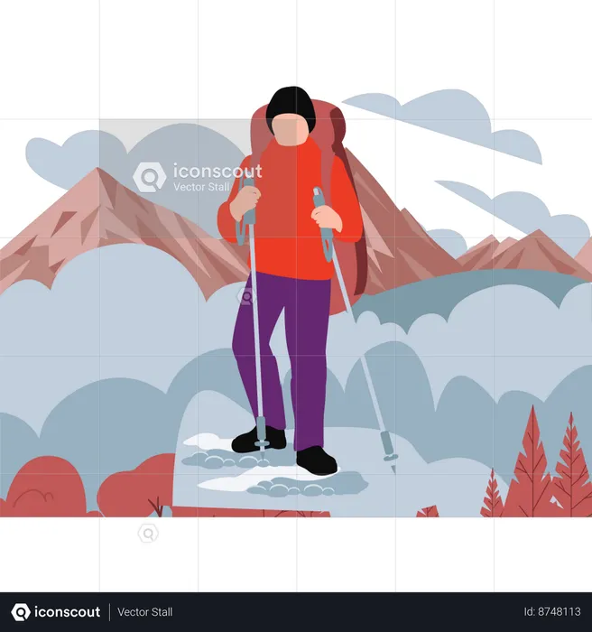 Boy is hiking in snowy mountains  Illustration