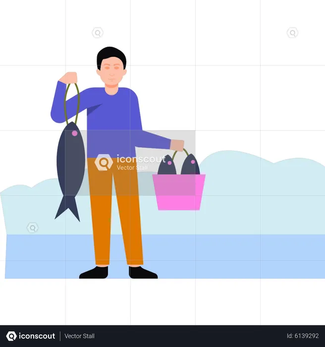 Boy is holding a bucket of fish  Illustration