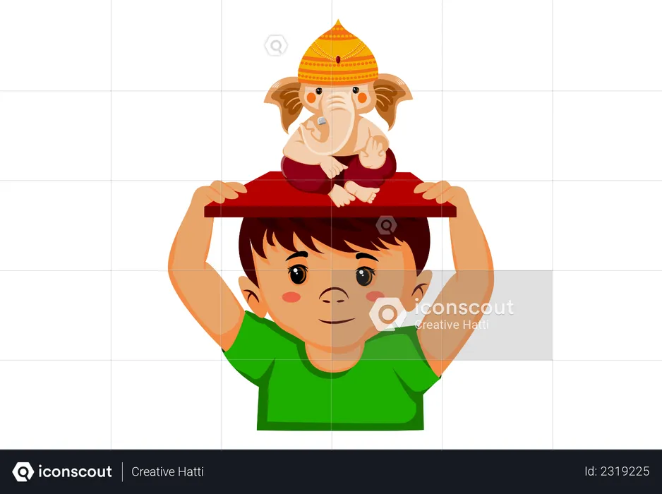 Boy is holding Lord Ganesh on his head  Illustration