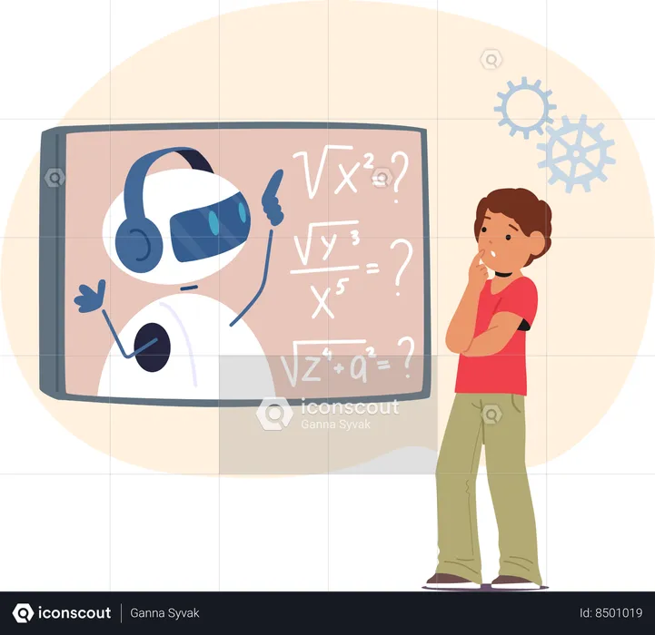 Boy is learning mathematics from chatbot  Illustration