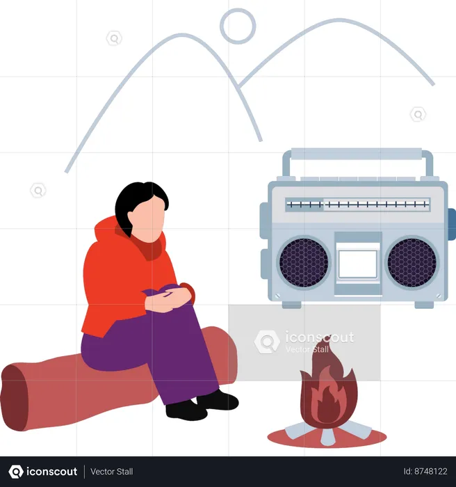 Boy is listening to radio besides fireplace  Illustration