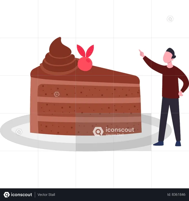 Boy is looking at a piece of cake  Illustration