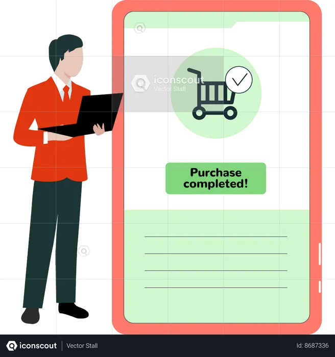 Boy is looking at a shopping completion message  Illustration