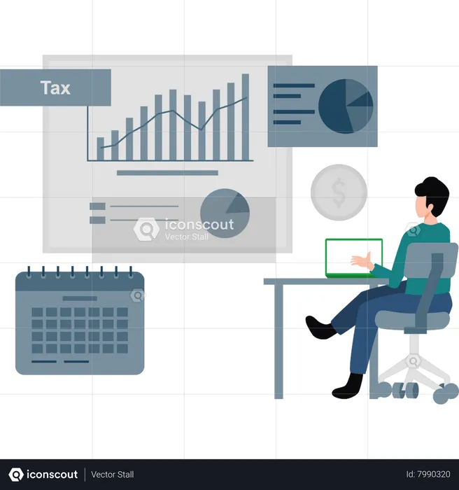 Boy is looking at a tax graph.  Illustration