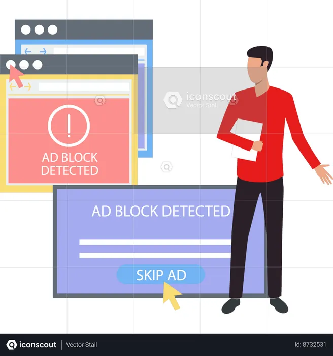 Boy is looking at ad blocker  Illustration