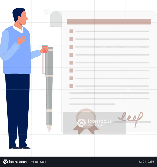 Boy is looking at the accident insurance contract  Illustration