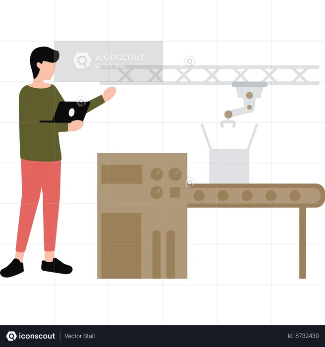 Boy is looking at the conveyor machine  Illustration
