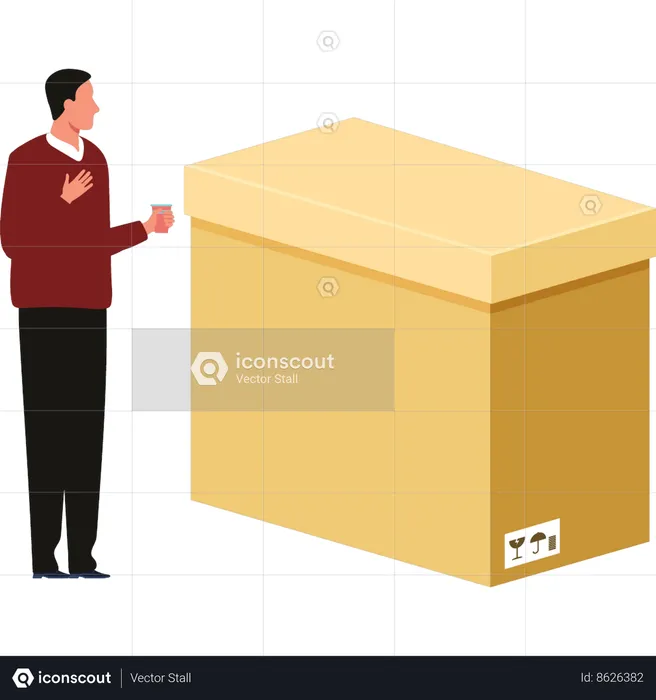 Boy is looking at the delivery box  Illustration