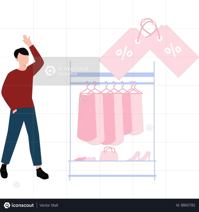 Boy is looking at the discount tags  Illustration