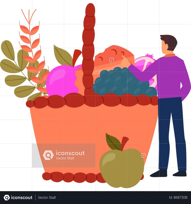 Boy is looking at the fruit basket  Illustration