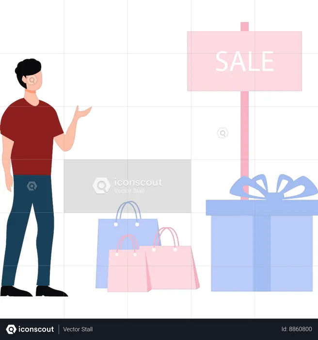 Boy is looking at the gift sale  Illustration