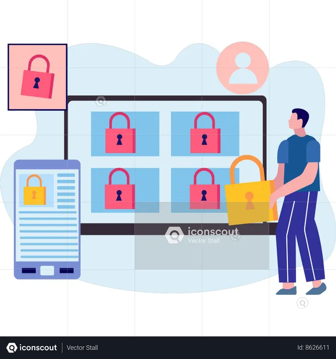 Boy is looking at the screen for security  Illustration
