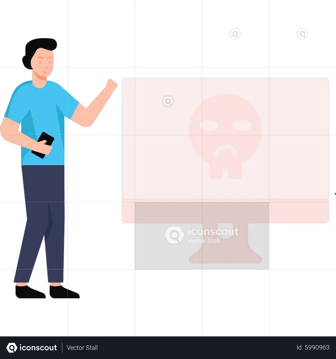 Boy is looking at the skull on the monitor  Illustration