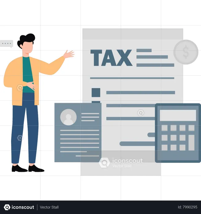 Boy is looking at the tax paper.  Illustration