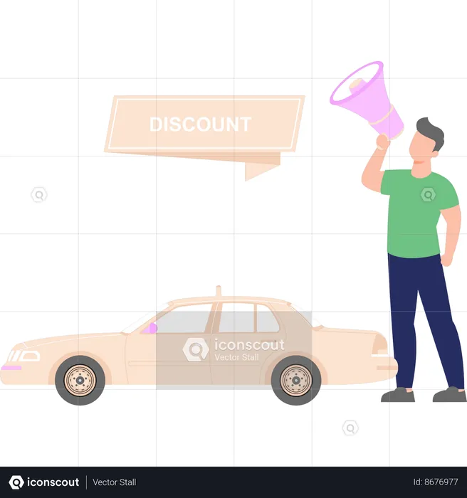 Boy is making announcement for discount on car  Illustration