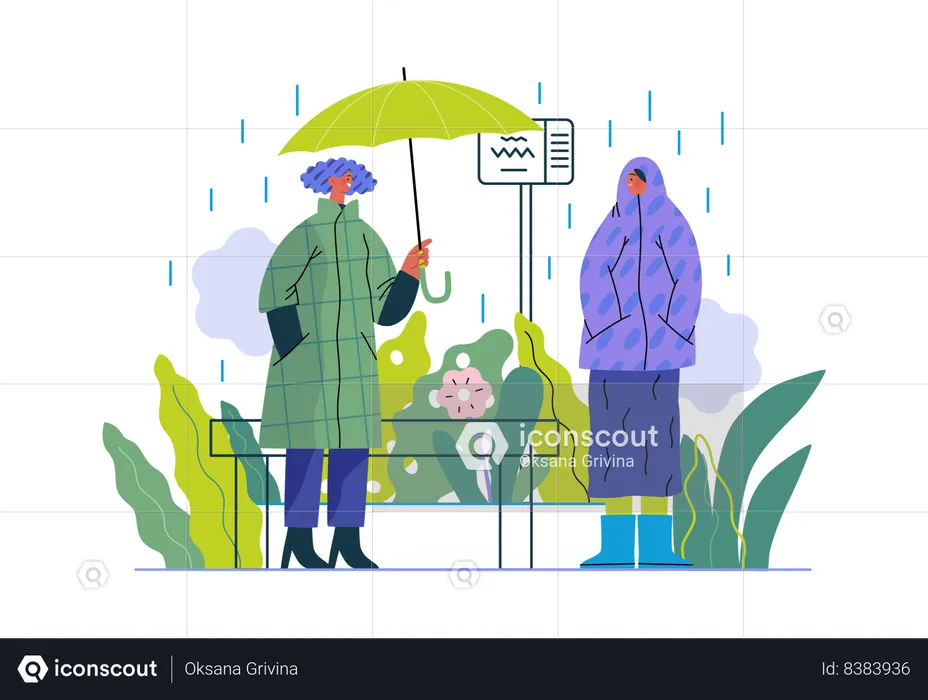 Boy is offering an umbrella to girl in heavy rain  Illustration