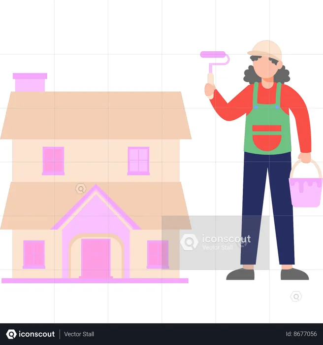Boy is painting a house with paint roller  Illustration