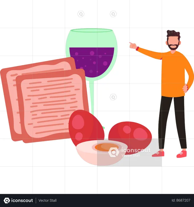 Boy is pointing at breakfast products  Illustration