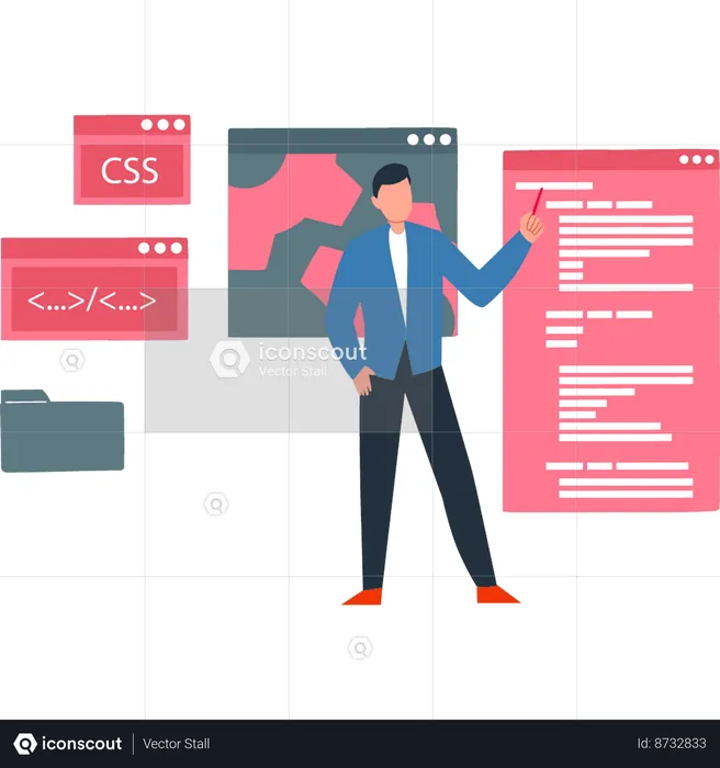 Boy is pointing at coding on web page  Illustration