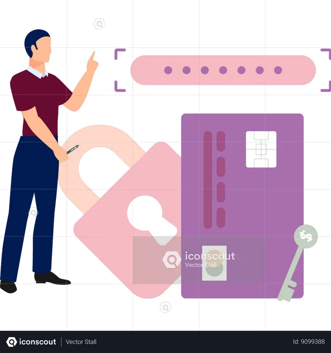 Boy is pointing at locked credit card  Illustration