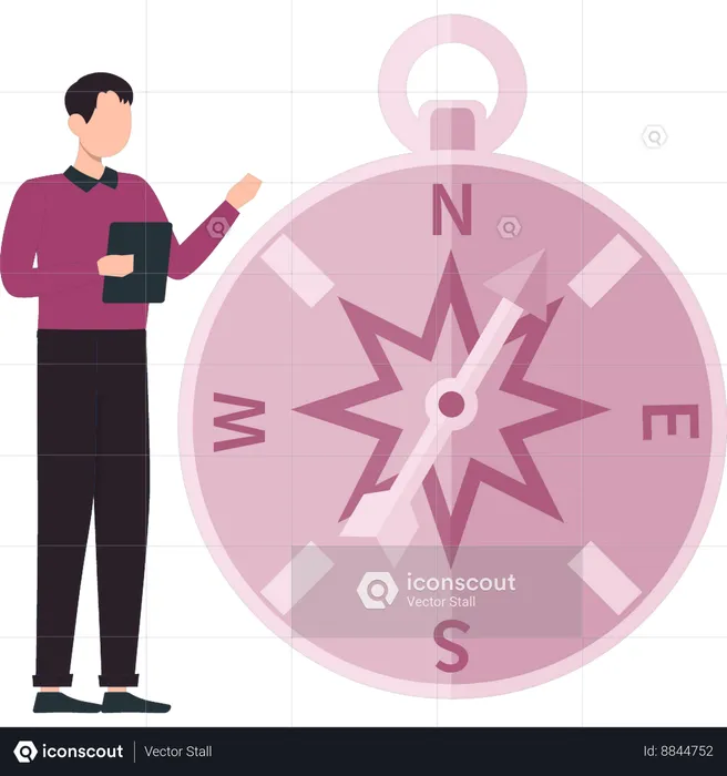 Boy is pointing at the arrows on compass  Illustration