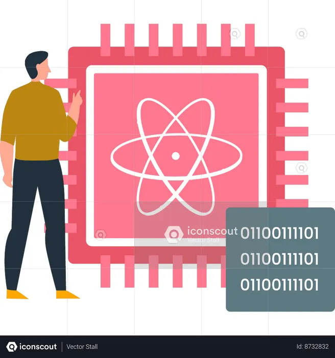 Boy is pointing at the atomic view of the processor  Illustration