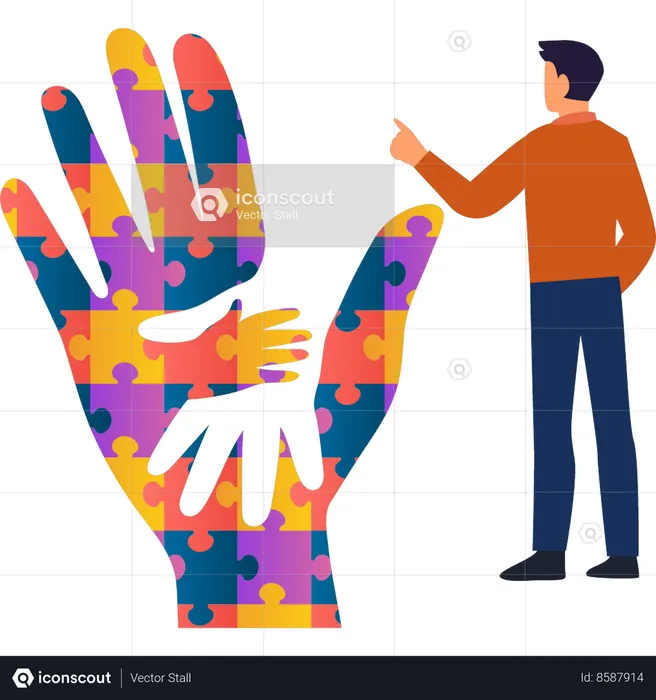 Boy is pointing at the autism hand  Illustration