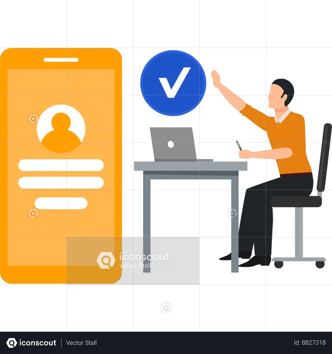 Boy is pointing at the contact on mobile  Illustration