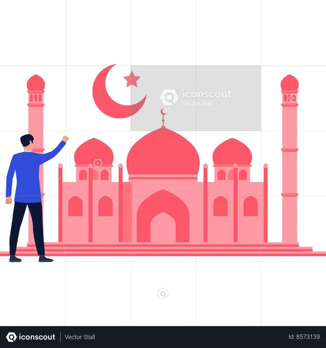 Boy is pointing at the crescent above the mosque  Illustration