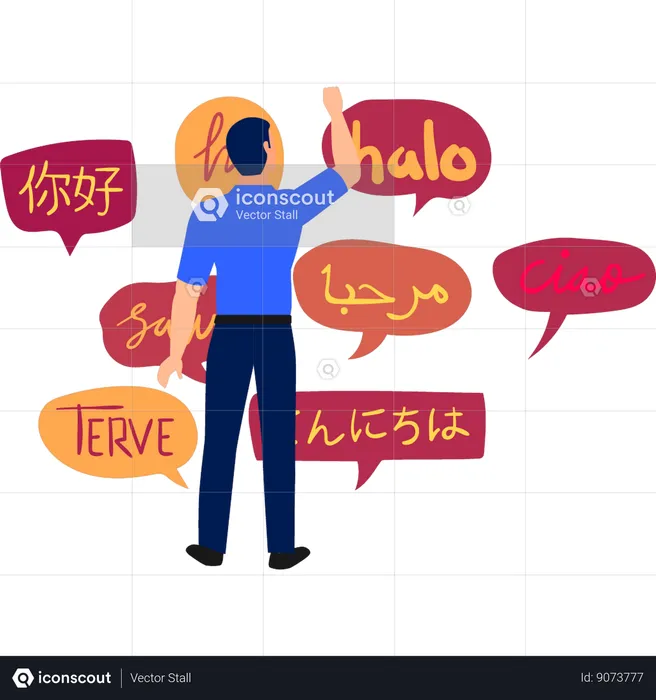 Boy is pointing at the different languages  Illustration