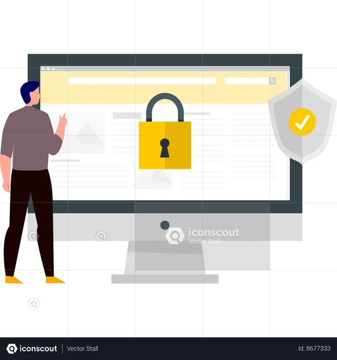 Boy is pointing at the lock on the monitor screen  Illustration