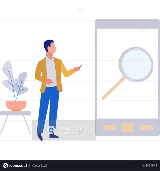 Boy is pointing at the mobile phone  Illustration