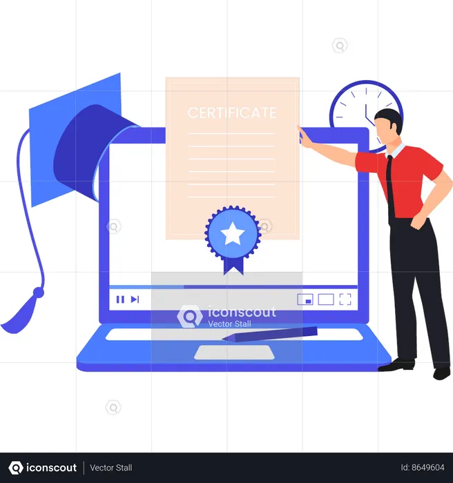 Boy is pointing at the online certificate  Illustration